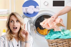 Donna che ha avuto una brillante idea, vestiti in lavatrice e aspirine