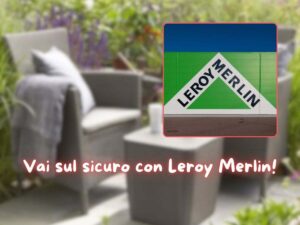 logo leroy merlin e giardino sullo sfondo