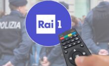 Logo Rai 1, telecomando e poliziotto in sfondo