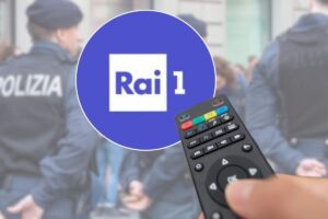 Logo Rai 1, telecomando e poliziotto in sfondo